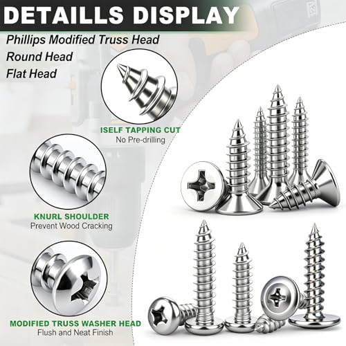 1000PCS Wood Screws Assortment Kit,#8/M3/M4/M5/M6 Assorted 304 Stainless Steel Marine Grade Screws,Pan & Flat & Phillips Truss Head Assorted Screws(1/2" to 2" Length) Silver-1000PCS