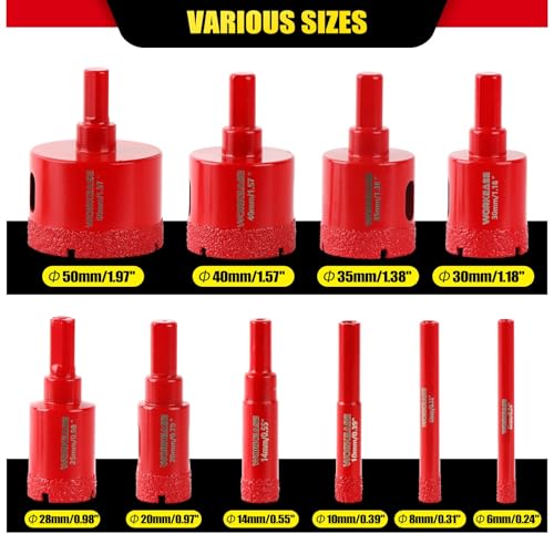 WORKEASE Diamond Hole Saw Kit, 11 Pcs Brazed Hollow Tile Set (0.24”-2”) with Double Suction Cups Guide Jig, Drill Bit Suitable for Glass, Ceramic, Tile, Marble, Porcelain Red 10PCS-Red (0.24”-2”)