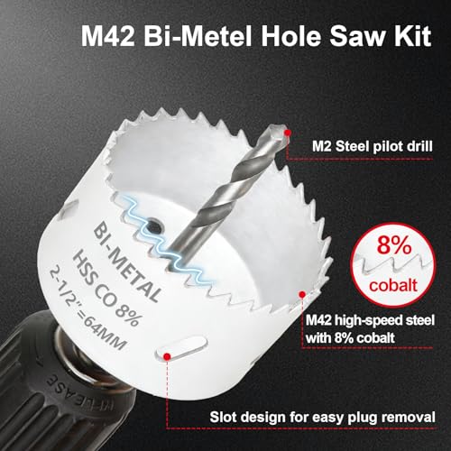 Greywolf 15 pcs Bi-Metal Hole Saw Set, M42 8% Cobalt HSS Hole Saw Kit with 3/4"-2-1/2" (19-64mm) 9-Piece Hole Saw Blades, Box with Arbor, Drill Bit, Hex Key, for Metal, Wood, Plastic White