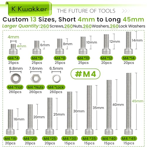 1040PCS M4 Nuts and Bolts Assortment Kit 4mm-45mm, 304 Stainless Steel M4 Screw Assortment, Hex Socket Head Cap Machine Screws Bolts and Nuts Kit Silver 4/6/8/10/12/14/16/20/25/30/35/40/45mm B.M4
