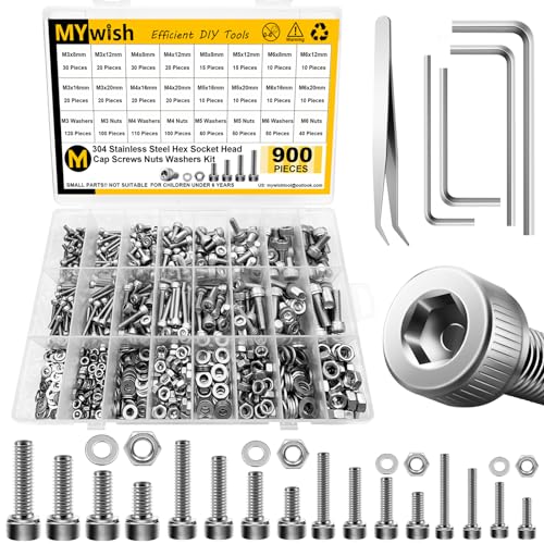 Mywish 30Pcs M6 x 30mm M6 Screws, Flat Head M6x1.0 Bolt Hex Socket Cap Screws Bolts & 900Pcs M3 M4 M5 M6 Metric Screw Assortment, 304 Stainless Steel Nuts and Bolts, Hex Socket Head Cap Metric Bolts