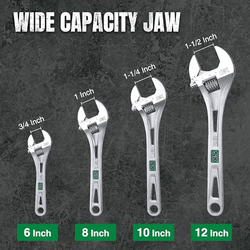 SK 3-Piece Adjustable Wrench Set, 6", 8", 10", SAE & Metric Scales 6-Inch, 8-Inch, 10-Inch
