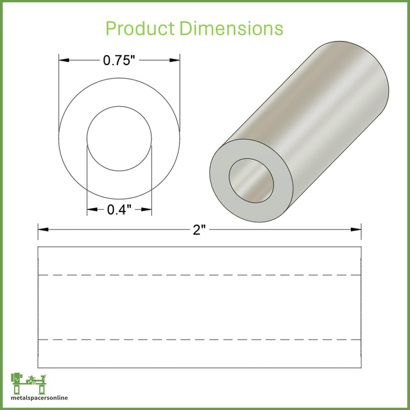Aluminum Spacer 3/4" OD x .40" ID x 2" Long-Round Spacer Unthreaded Standoff Bushing Plain Finish, Fits Screws Bolts M10 and 3/8" by Metal Spacers Online (10 Pack) 2" Length 10