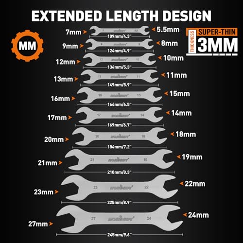 HORUSDY Thin Open End Wrench Set | Bike Wrench Set with Rolling Pouch | 19-Piece SAE & Metric | CR-V Steel | 1/4" to 1-1/16" & 5.5mm to 27mm for Mechanics SAE & Metric 19-Piece