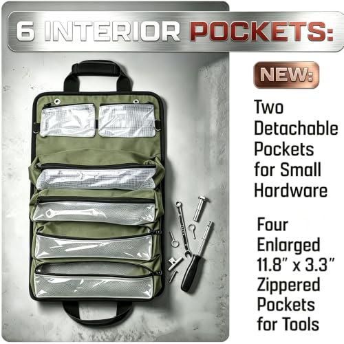 Heavy Duty Roll Up Tool Bag Organizer - 1680D Oxford, 23.6"x13", See-Through PVC Pockets, 12 Compartments for Mechanic, Electrician & Tradesperson Green