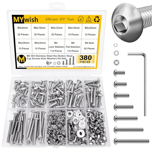 Mywish M8 x 55mm 20Pcs Flat Head Hex Socket Cap Screws Bolts & 380 Pcs M4 Screw Nuts and Bolts Assortment Kit, M4*8/10/12/16/20/25/30, 304 Stainless Steel Button Head Socket Cap Metric Screws Bolts