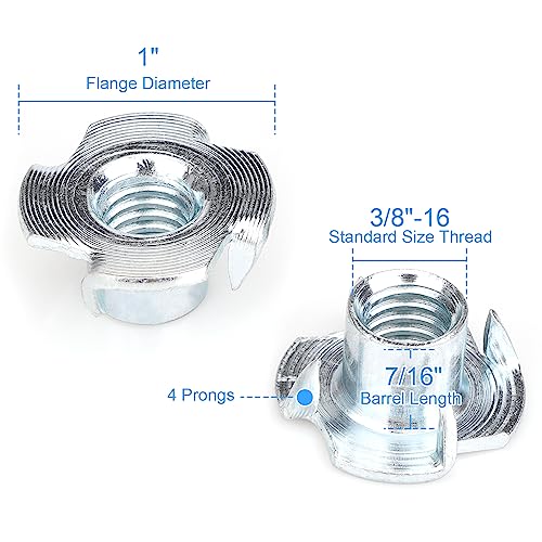 100pcs 3/8"-16 T-Nuts, Zinc-Plated Steel 7/16" Barrel Length 3/8"-16 100pcs