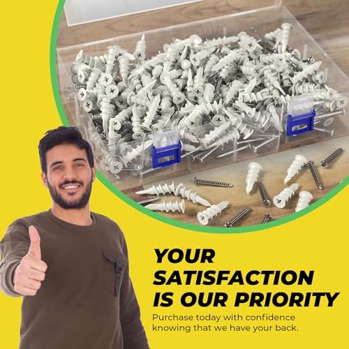 Qualihome Drywall Anchors with Screws – 400 Piece Set (200 Anchors + 200#8 x 1-1/4" Screws) | Self Drilling Drywall Anchors Heavy Duty | Wall Anchors for Drywall | Plastic Screw Anchor Kit 200 Pack
