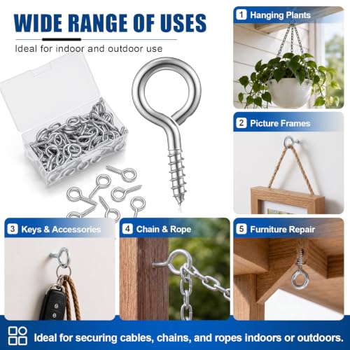 Hicarer 100 Pack 2.2 Inch Zinc Plated Carbon Steel Eye Bolt, M6 Thread Heavy Duty Screw Hook, Self Tapping Screw for Wood, Galvanized Ring Bolt for Indoor Outdoor Use