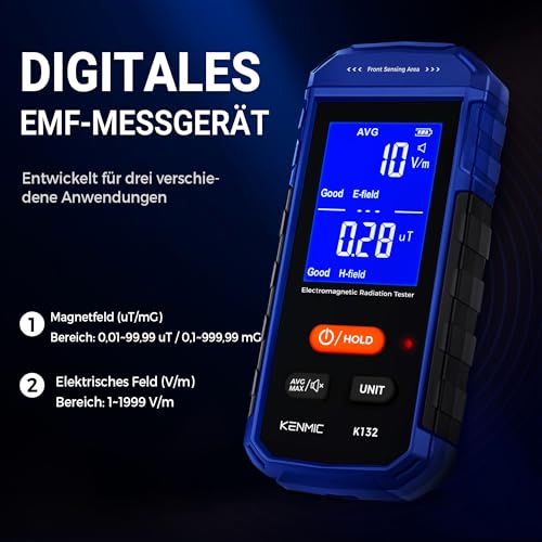 EMF Meter, EF/MF Detector - Blue | Rechargeable EMF meter, portable hand-held electromagnetic fields, digital LCD display