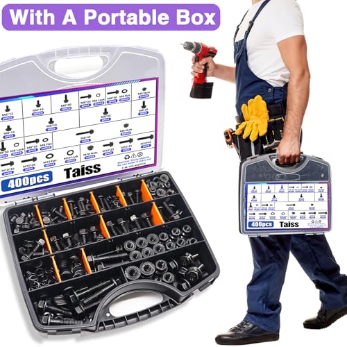 Taiss 400PCS Metric Flange Bolt Assortment kit,M6x1.0 Bolt, M8x1.25 Bolt, M10x1.5 Bolt (12mm to 45mm) 10.9 Black zinc Plating +966pcs Grade 8.8 Metric Bolt Assortment
