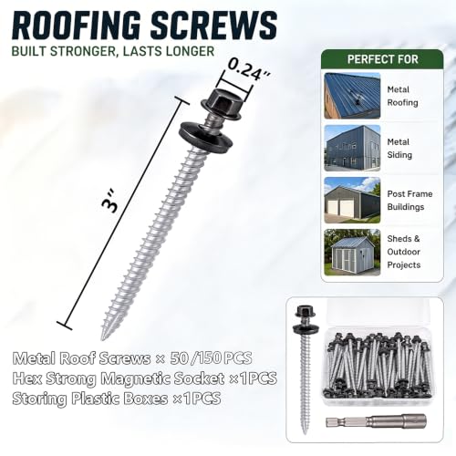 150Pcs Metal Roofing Screws #10x3 Waterproof Screws for Roof Repair #10x3" 150