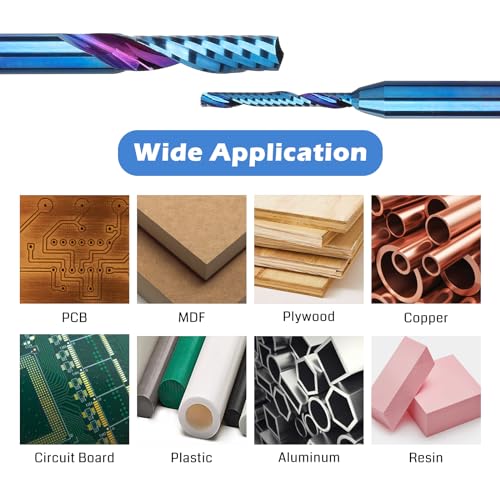 Genmitsu 1/8 Inch Shank 10pcs Carbide Spiral O Flute (Single Flute) End Mill CNC Router Bits, 91.5 Higher HRA Nano Blue Coat, Perfect for Metal Carving Aluminum Copper Wood Acrylic PVC PCB, OS10B 1/8" Shank O-Flute for Metal Carving 10pcs