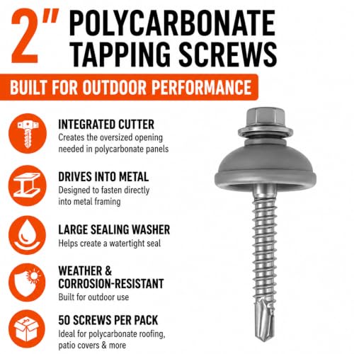 Polycarbonate Tapping Screws for Metal – 2" Outdoor Screws with Expansion Cutters & Sealing Dome Washers – Waterproof, Anti-Corrosion – Fencing & Exterior Projects 50 Pack