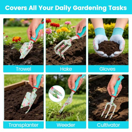 Small Garden Claw Tool Garden Handrake with Ergonomic Handle + Garden Tools 10 Pack Floral Pattern Garden Tool Set with Tote Bag