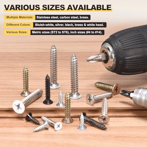 METALLIXITY 800Pcs #8 Countersunk Phillips Wood Screws Kit SS304 #8x5/8" to #8x2" Silver 800