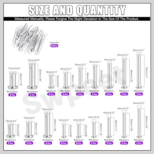 Swpeet 51Pcs 18 Size M5 M6 M8 M10 M12 Zinc Plated Clevis Pins with Cotter Pin Assortment Kit, Single Hole Flat Head Clevis Pins Split Pins Hairpin Cotter Pin Fitting Hole Location Clips Fastener