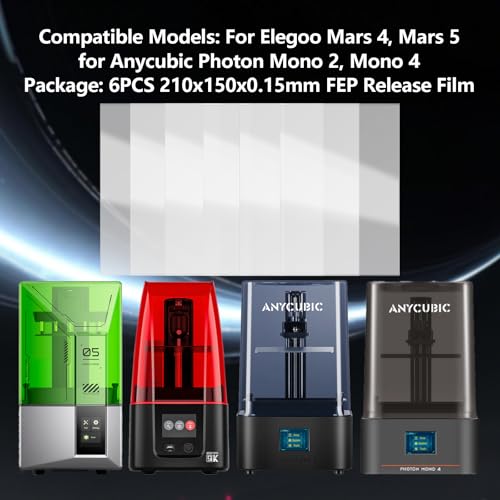 KOYOFEI 6 PCS FEP Film 3D Printer Accessories, FEP Film for ELEGOO Mars 5, Mars 5 Ultra, Mars 4, Mars 4 Ultra, Mono 2, Mono 4, Mono 4 Ultra Resin 3D Printer 210 x 150 x 0.15mm 210x150mm
