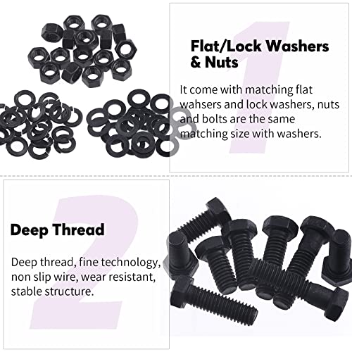 Swpeet 240Pcs 1/4-20 5/16-18 3/8-16 12 Sizes Black Zinc Finish Carbon Steel Grade 8 USS Nut Bolts Assortment Kit, Heavy Duty Bolt Nut and Washer Assortment Coarse Thread Hex Head Cap Screws Bolt