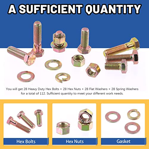 Glarks 112Pcs 3/8"-16 Grade 8 Coarse Thread Hex Bolt, Nut, Screw, Washer Assortment Kit, 4 Sizes (3/4", 1", 1-1/4", 1-1/2")