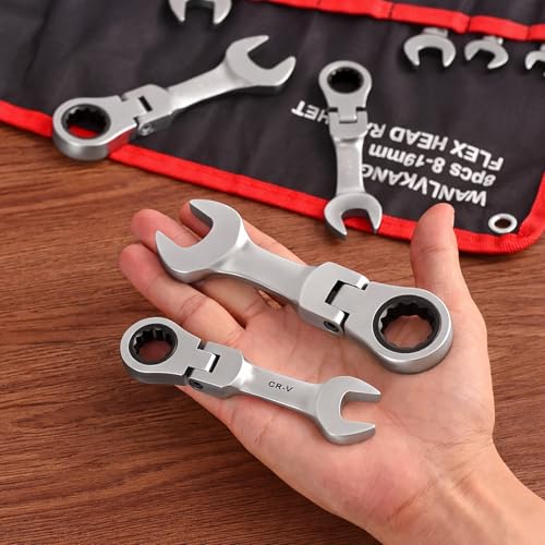 Stubby Wrenches Set, Flex Head Ratcheting Wrench Set Open End Ratchet Wrench Metric 8 Pieces(Metric)