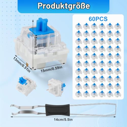Pack of 60 Transparent Blue Keyboard Switches with Puller, 3-Pin Mechanical Keyboard, Gaming Keyboard Clicker, PC Accessories for Home, Office | PC Accessories for Home and Office, Transparent Blue