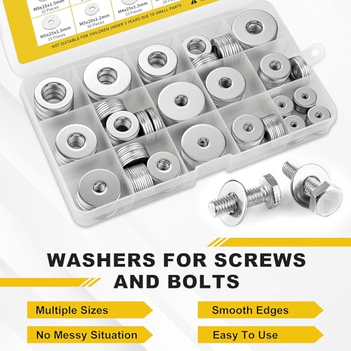 235Pcs Fender Washers, 304 Stainless Steel Flat Washers Assortment Kit, 15 Different Sizes M3 M4 M5 M6 M8 M10 M12 Metal Washers for Screws Bolts Hardware for Various Home Industrial Automotive 15 Sizes 235 Pieces