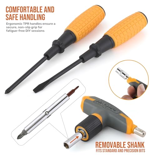 Hi-Spec Magnetic T-Handle Ratchet Wrench and Screwdriver Set with Toolbox Pale Yellow