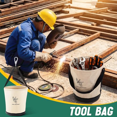 Heavy Duty Tool Canvas Bucket 12 x 12 x 9'' Tapered Wall Bucket Bag with 14 Inner Pockets, Thickened 14 Ounce Canvas, Plastic Bottom High Weight Load Capacity up to 100 Lbs (Printed) Printed