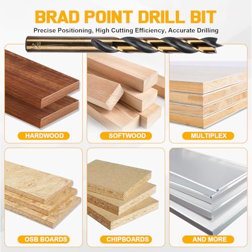 29Pcs Brad Point Drill Bit Set, Full Ground with Self-Centering Tip (1/16-1/2 Inch,Titanium Coated HSS Wood Drill Bits for Hardwood & Softwood, 1/64 Inch Increment) & Storage Case