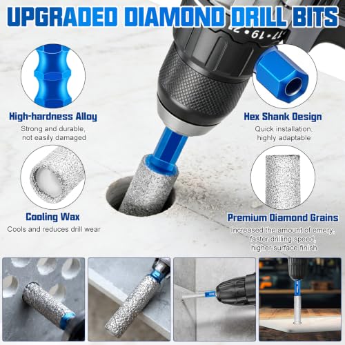 38 Pcs Diamond Drill Bits Set, Professional Concrete Drill Bit Set, Multiple Sizes Masonry Drill Bit Set, Industrial Strength Carbide Drill Bits Tip for Ceramic Glass Porcelain Tile Metal Plastic Wood 38 Pcs, Blue
