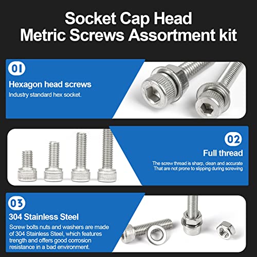 NINDEJIN M2 M3 M4 M5 Stainless Steel Hex Socket Head Cap Screw Bolts, Nuts Set and Washers Assortment Kit + Wrenches (Socket Head + Flat Head)