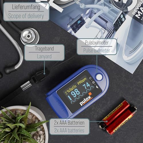 Pulox PO-200A Solo Pulse Oximeter with Alarm and Pulse Sound for Measuring Pulse and Oxygen Saturation on the Finger | With acoustic warning function and pulse tone for measuring oxygen saturation, pulse and perfusion index directly on the finger (blue)