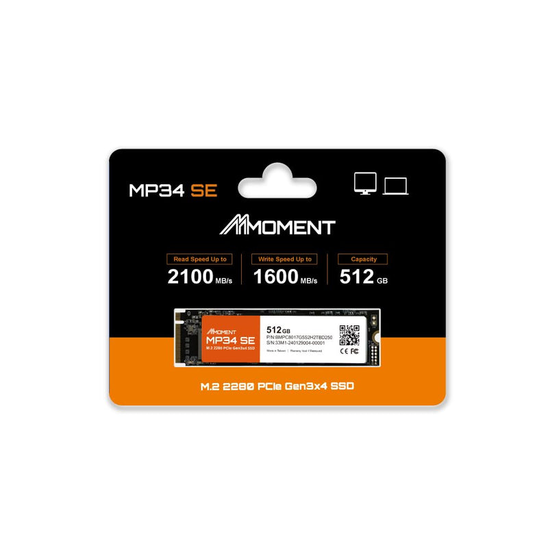 MMOMENT MP34 SE 512GB PCIe Gen3 NVMe M.2 2280 Internal Solid State Drive, Gen3.0X4 Read Speed Up to 2100MB/s for Latop and PC