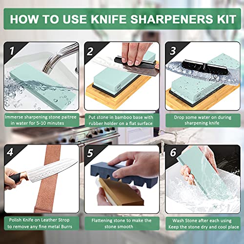 Knife Sharpening Stone Kit – 400/1000 3000/8000 Grit Wet Kitchen Whetstone Knife Sharpener Set with Non-slip Bamboo Rubber Base, Angle Guide, Flattening, Leather Strop and Cut Resistant Gloves 12 in 1
