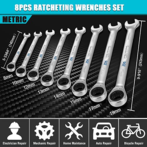 DURATECH 90-Tooth Ratcheting Wrench Set, Combination Wrench Set, 8-Piece, Metric, 8, 10, 12, 13, 14, 15, 17, 19mm, CR-V Steel, Organized in Wrench Rack