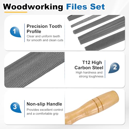 HARFINGTON 5pcs Metal File Set 10" Fine Teeth High Carbon Steel Hand Files with Wooden Handle Square/Flat/Triangle/Half-Round/Round for Metal Wood Stone Grinding Polishing Engraving 10 Inch