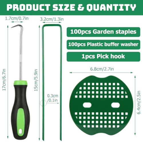 6 Inch Landscape Staples Set, 100Pcs U-Shaped Landscape Staples and 100Pcs Fixing Gasket with 1 Pcs Pick Hook for Weed Fabric & Landscaping, Green