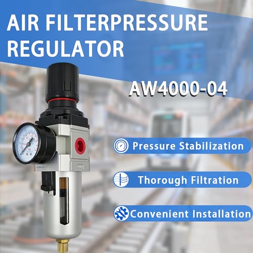 LTPC 1/2" NPT Compressed Air Filter Regulator Combo Piggyback, 5 Micron Brass Element, Poly Bowl, Semi-Auto Drain, Metal Bracket, 0-150 psi AW4000-04