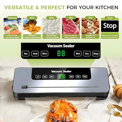 6-in-1 Multi-functional Food Vacuum Sealer Machine with Built-In Cutter, LED Digital Display, 50 Vacuum Bags for Preserving Meat, Vegetables, Snacks, Fruits, Grains
