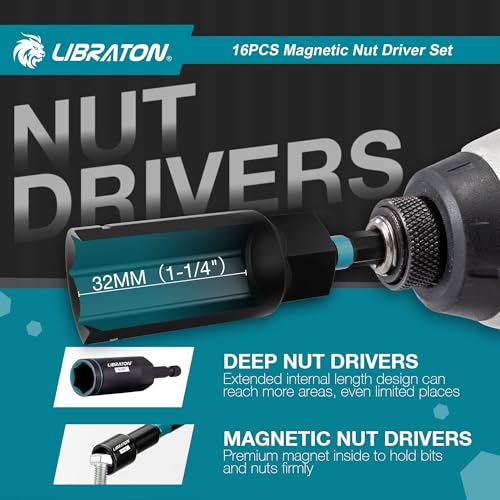 LIBRATON Magnetic Nut Driver Set, 16PCs Impact Driver Bit Set, SAE