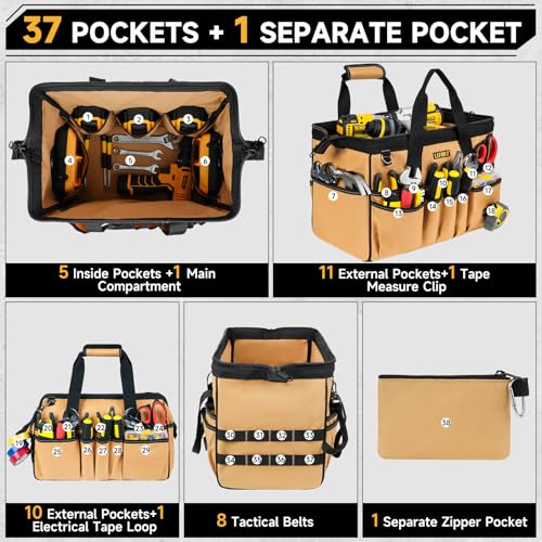15-Inch Tool Bag,38 Pockets Tool Bags for Men,Heavy Duty Tool Box Organizer Storage,Wide Mouth Toolbag Tools Tote Carrying Case for Dad,Mechanic,Electrician,Brown,Bag Only