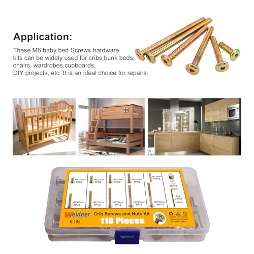 weideer 122PCS Crib Screws and Nuts Kit, Furniture Bolts M6x16/20/25/30/40/50/60/70/80mm,Barrel Nuts Wooden Dowel Pins Hex Drive Socket Cap Screws Kit for Beds Chairs Furniture K-195 (Pack of 2) 122PCS-M6x16/20/25/30/40/50/60/70/80mm (Pack of 2) Gold