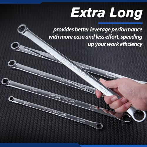 SPEEDWOX 5PCS Extra Long Double Box End Wrench Set Chrome Vanadium Steel Wrenches Mirror polished 8mm, 10mm, 12mm, 13mm, 14mm, 15mm, 16mm, 17mm, 18mm, 19mm, Organized in Rolling Pouch 5PCS Set (8*10, 12*14, 13*15, 16*18, 17*19)