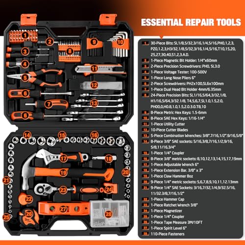 248-Piece Home Repair Hand Tool Set with Storage Case Orange