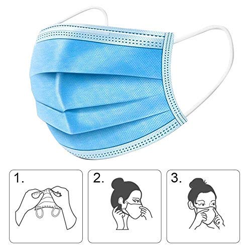 BigBig Home 100 pieces soft disposable face mask, 3-layer masks, dustproof, disposable protective masks, breathing masks with earrings, blue