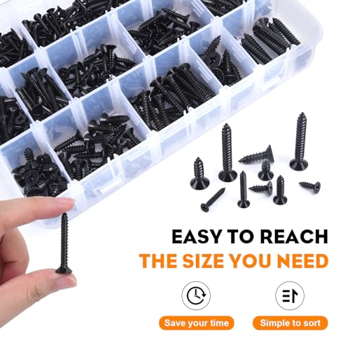 542PCS #4#6#8#10#12 Phillips Head Screw Set Stainless Steel Wood Screws Assortment Kit, Assorted Sheet Metal Self Tapping Screws, 18-8(304) Stainless Steel (Flat Black) flat black