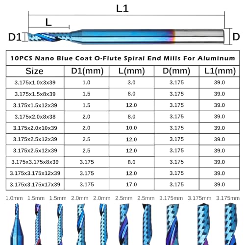 Genmitsu 1/8 Inch Shank 10pcs Carbide Spiral O Flute (Single Flute) End Mill CNC Router Bits, 91.5 Higher HRA Nano Blue Coat, Perfect for Metal Carving Aluminum Copper Wood Acrylic PVC PCB, OS10B 1/8" Shank O-Flute for Metal Carving 10pcs