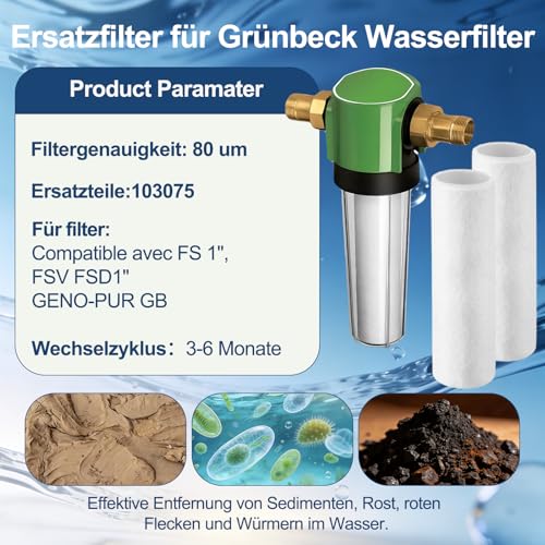 Water Filter Replacement Candles Set, 2 Replacement Filters 80 µm with O-Ring, Compatible with Grünbeck Geno Fine Filter FS 1, Environmentally Friendly Wool Felt for Domestic Water Filter White 2 pieces (2 packs of 1)