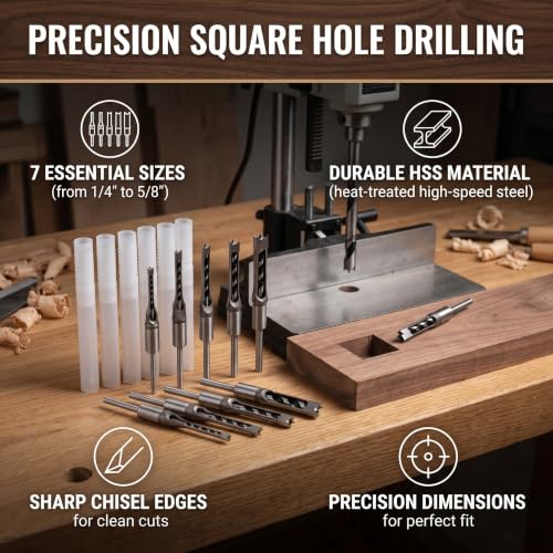 Garosa 7Pcs Square Hole Mortise Chisel Drill Bit Woodworking Hole Saw Square Drill Bits Kit 1/4in 5/16in 3/8in 2/5in 1/2in 9/16in 5/8in HSS Mortising Chisel Drill Bit Set with Storage Box